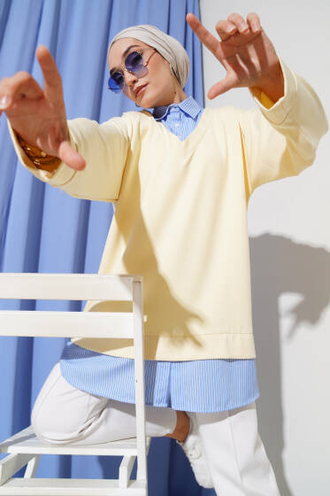 Garnili Gömlek Yaka Çizgili Tunik Sarı - Tunik