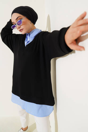 Garnili Gömlek Yaka Çizgili Tunik Siyah - Tunik