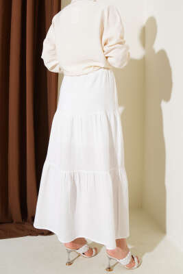 Garnili İp Kuşaklı Etek Ekru - Uzun Etek