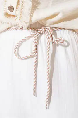 Garnili İp Kuşaklı Etek Ekru - Uzun Etek