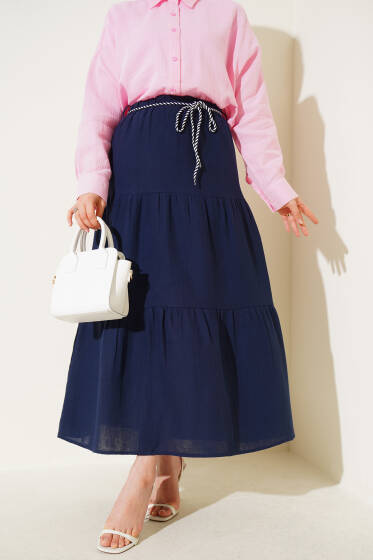 Garnili İp Kuşaklı Etek Lacivert - Etek