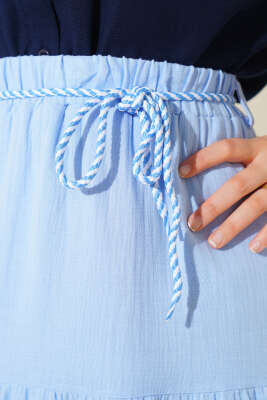 Garnili İp Kuşaklı Etek Mavi - Uzun Etek