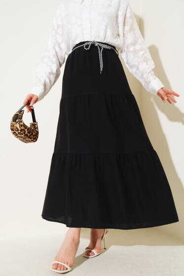 Garnili İp Kuşaklı Etek Siyah - Etek