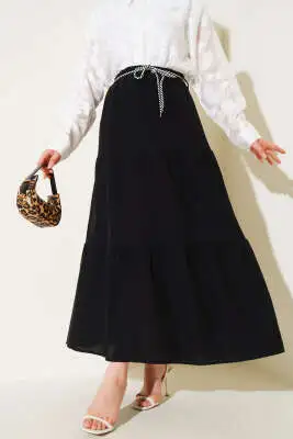 Garnili İp Kuşaklı Etek Siyah 