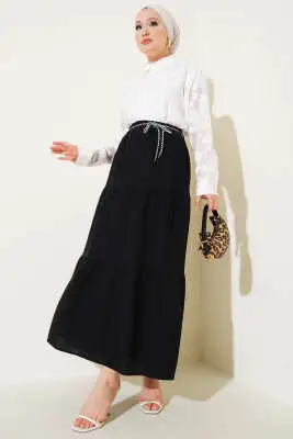 Garnili İp Kuşaklı Etek Siyah - Uzun Etek