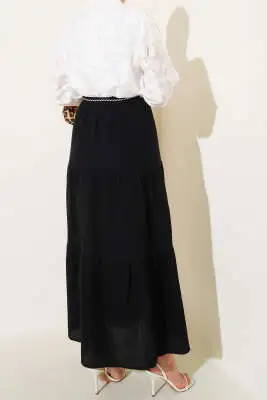 Garnili İp Kuşaklı Etek Siyah - Uzun Etek