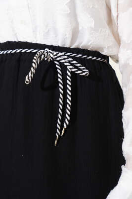 Garnili İp Kuşaklı Etek Siyah - Uzun Etek