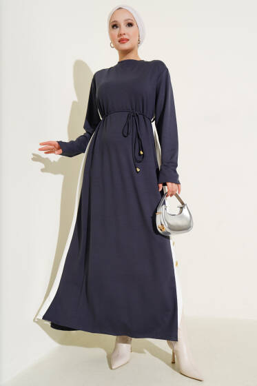 Garnili İp Kuşaklı Loyşa Elbise Füme - Elbise