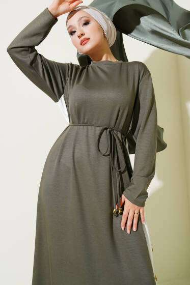 Garnili İp Kuşaklı Loyşa Elbise Haki - Elbise