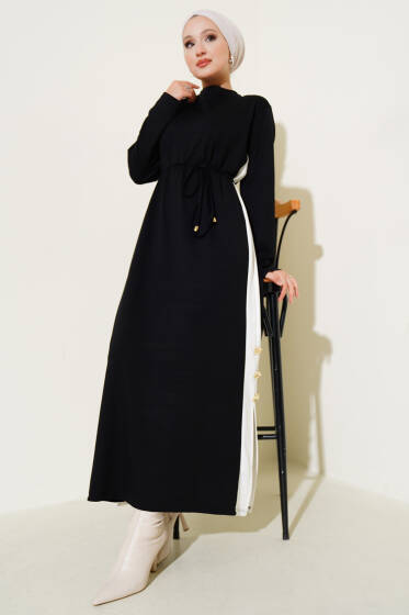 Garnili İp Kuşaklı Loyşa Elbise Siyah - Elbise