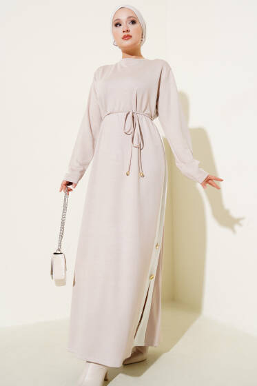 Garnili İp Kuşaklı Loyşa Elbise Taş - Elbise