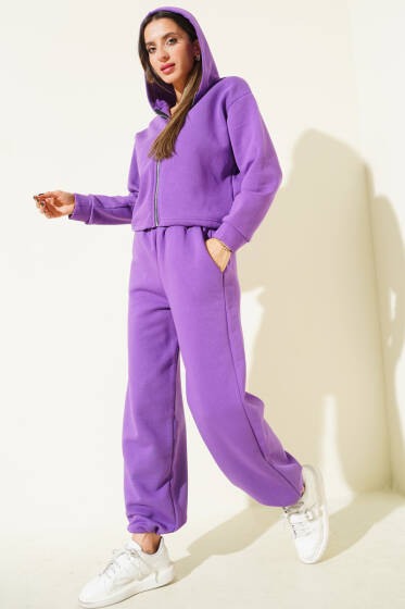 Garnili Kapüşonlu İkili Takım Menekşe - Kadın Giyim Modelleri