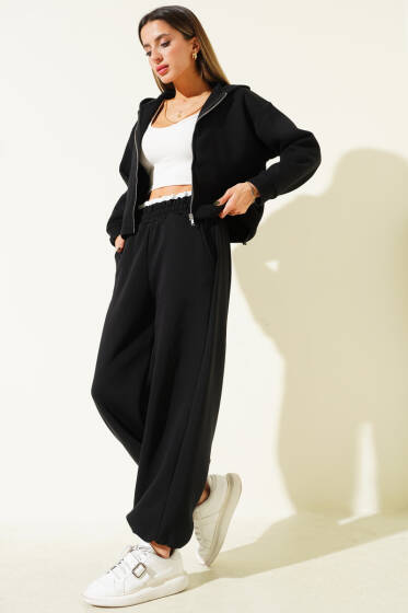 Garnili Kapüşonlu İkili Takım Siyah - Kadın Giyim Modelleri