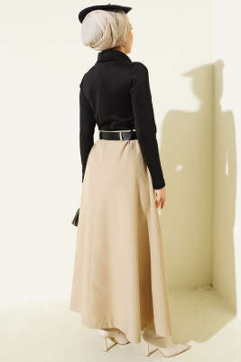 Garnili Kemer Detaylı Elbise Bej - Elbise