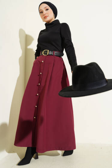 Garnili Kemer Detaylı Elbise Bordo - Elbise