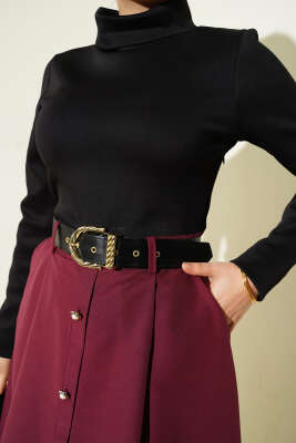 Garnili Kemer Detaylı Elbise Bordo - Elbise