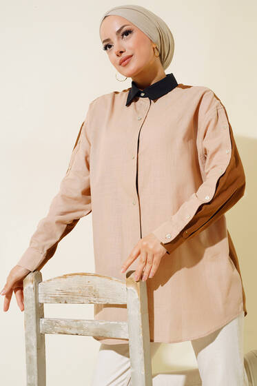 Garnili Keten Gömlek Bej Kahve - Gömlek