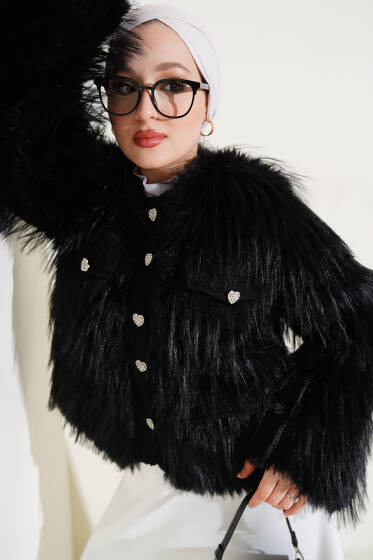 Garnili Kısa Kürk Ceket Siyah - Ceket