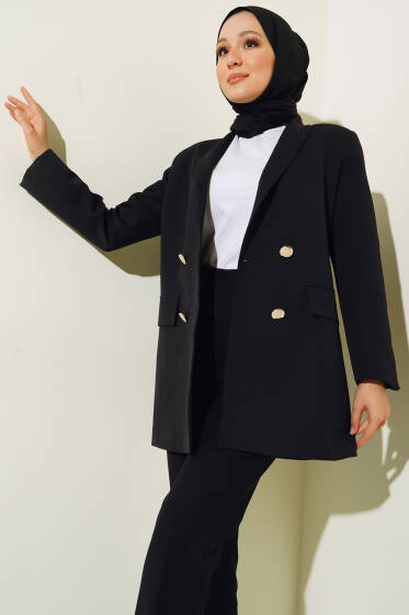 Garnili Kruvaze Siyah Ceket - Ceket