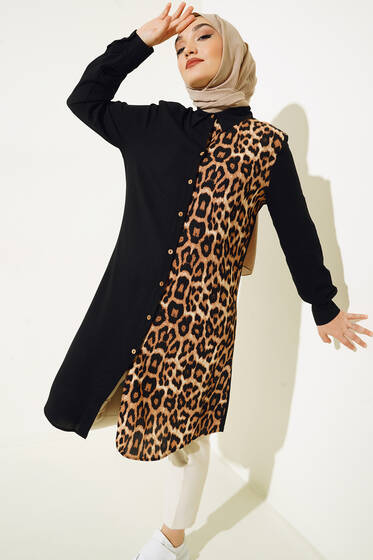 Garnili Leopar Desenli Tunik Siyah - Tunik