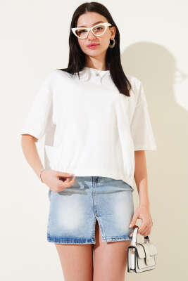 Garnili Sırt Düğme Detaylı T-shirt Ekru - BEBE PLUS
