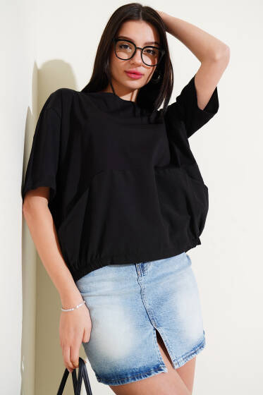 Garnili Sırt Düğme Detaylı T-shirt Siyah - Kadın Giyim Modelleri
