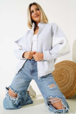 Garnili Üç İplik Salaş Kısa Hırka Gri - Kadın Giyim Modelleri