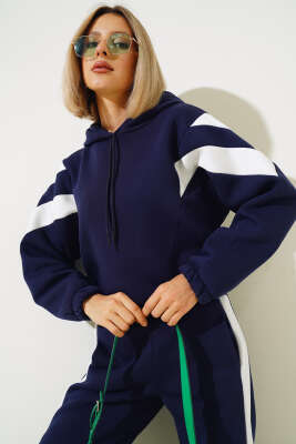 Garnili Üç İplik Sweatshirt Takım Lacivert - Kadın Giyim Modelleri