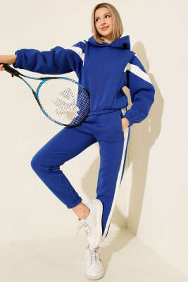 Garnili Üç İplik Sweatshirt Takım Saks - İKİLİ TAKIM