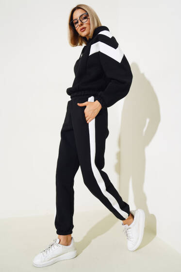 Garnili Üç İplik Sweatshirt Takım Siyah - Kadın Giyim Modelleri