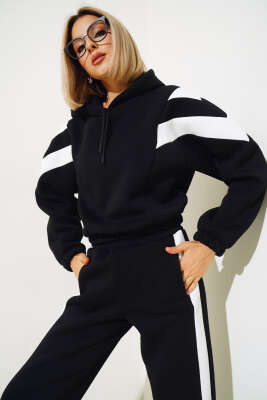 Garnili Üç İplik Sweatshirt Takım Siyah - Kadın Giyim Modelleri