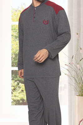 Garnili Uzun Kol Büyük Beden Pijama Takım Füme - Erkek Pijama