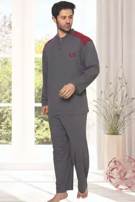 Garnili Uzun Kol Büyük Beden Pijama Takım Füme 