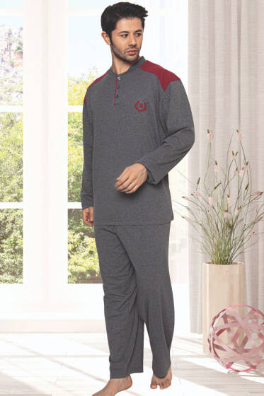 Garnili Uzun Kol Büyük Beden Pijama Takım Füme - Kadın Pijama Takımı