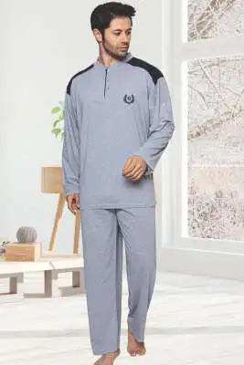 Garnili Uzun Kol Büyük Beden Pijama Takım Gri 