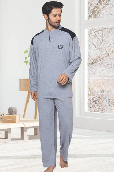 Garnili Uzun Kol Büyük Beden Pijama Takım Gri - Kadın Pijama Takımı