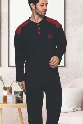 Garnili Uzun Kol Büyük Beden Pijama Takım Lacivert Bordo - Kadın Pijama Takımı