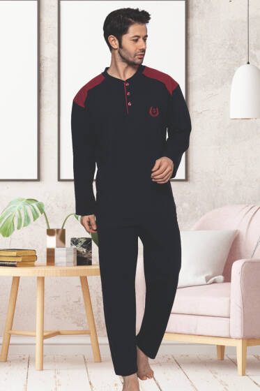 Garnili Uzun Kol Büyük Beden Pijama Takım Lacivert Bordo - Pijama