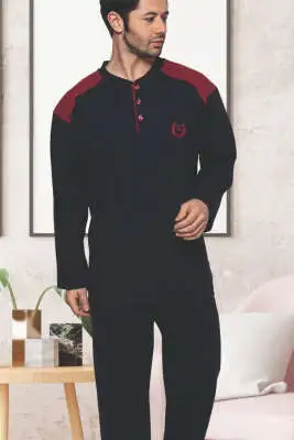 Garnili Uzun Kol Büyük Beden Pijama Takım Lacivert Bordo - Pijama