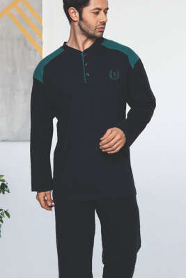 Garnili Uzun Kol Büyük Beden Pijama Takım Lacivert Yeşil - Erkek Pijama