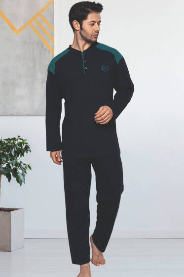 Garnili Uzun Kol Büyük Beden Pijama Takım Lacivert Yeşil - Kadın Pijama Takımı