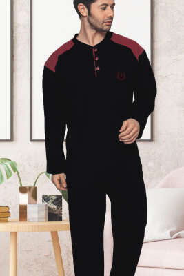 Garnili Uzun Kol Büyük Beden Pijama Takım Siyah Bordo - Erkek Pijama