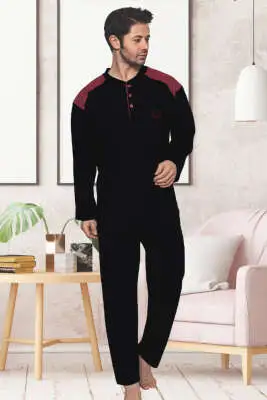 Garnili Uzun Kol Büyük Beden Pijama Takım Siyah Bordo 