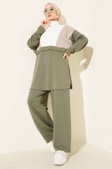 Garnili Yarım Fermuar Detaylı İkili Takım Çağla Yeşili - İkili Takım