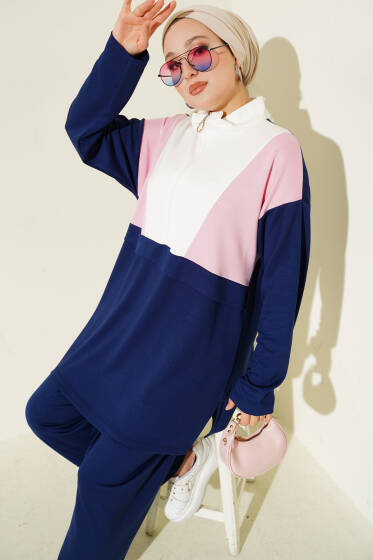 Garnili Yarım Fermuar Detaylı İkili Takım Lacivert - İkili Takım