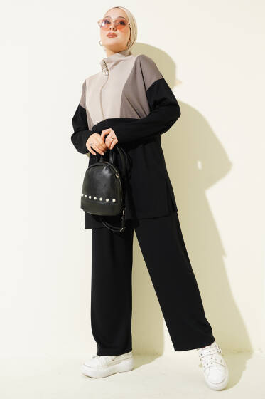 Garnili Yarım Fermuar Detaylı İkili Takım Siyah - İkili Takım