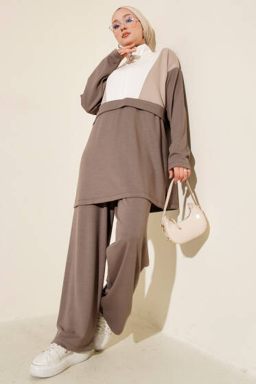 Garnili Yarım Fermuar Detaylı İkili Takım Vizon - İkili Takım