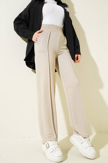 Geniş Bel Lastikli Çımalı Pantolon Bej - Pantolon