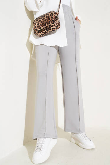 Geniş Bel Lastikli Çımalı Pantolon Gri - Yılın Fırsatı