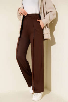 Geniş Bel Lastikli Çımalı Pantolon Kahve - Pantolon